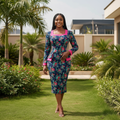 Women's Navy Floral Print Hot Pink Trim Bodycon Midi Dress – Nigerian Female Model