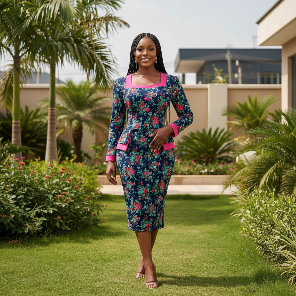 Women's Navy Floral Print Hot Pink Trim Bodycon Midi Dress – Nigerian Female Model