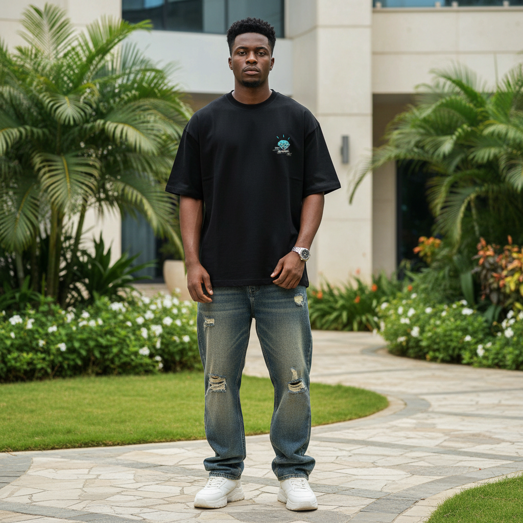 Nigerian male model wearing black diamond gem illustrated graphic tee – front view