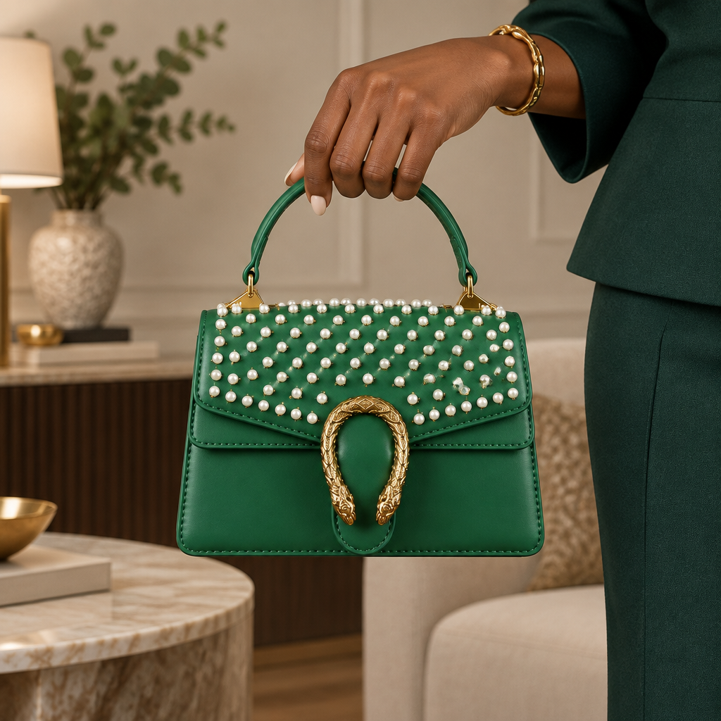 Black Nigerian woman's hand holding a green pearl-embellished handbag