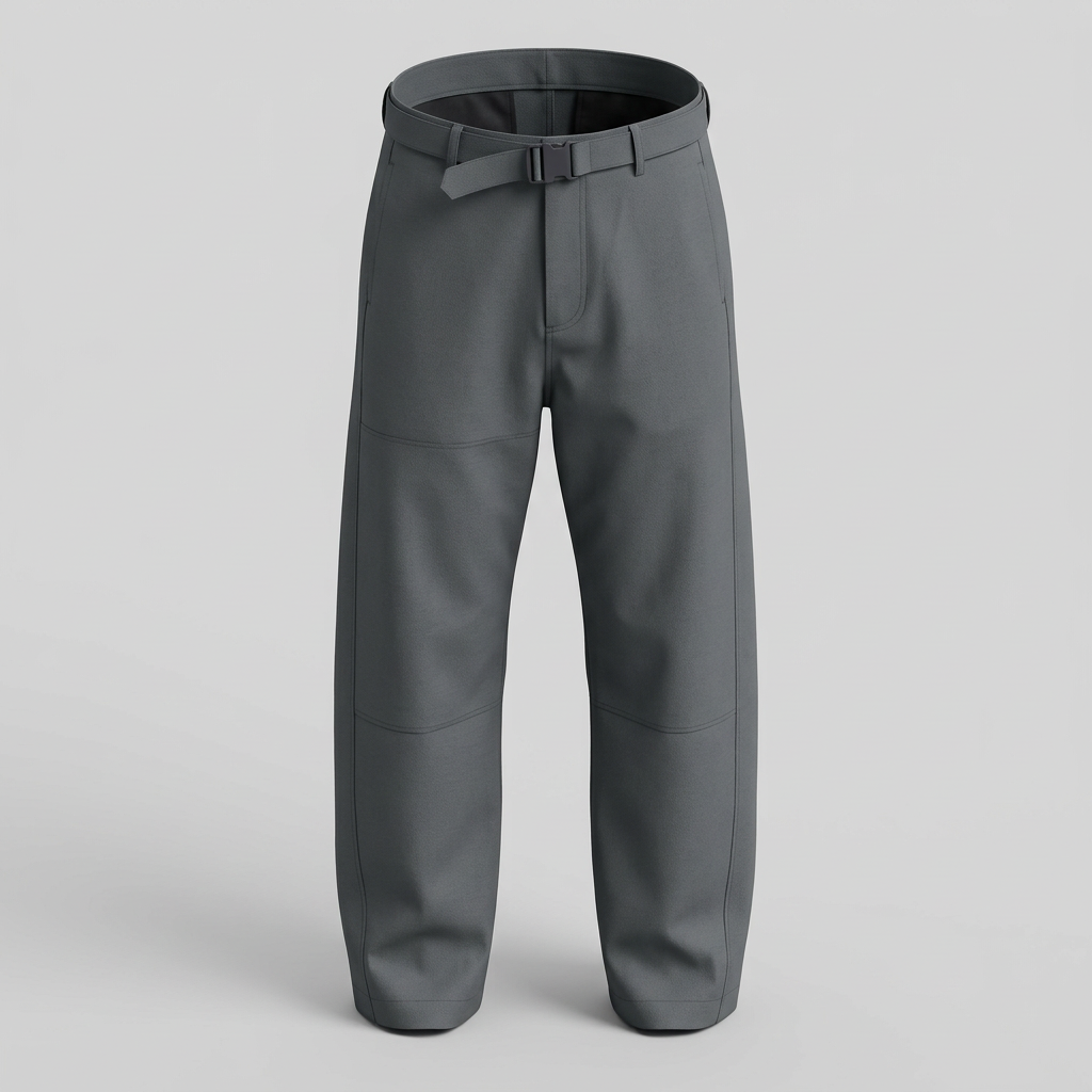 Grey belted panelled trousers, ghost mannequin front view