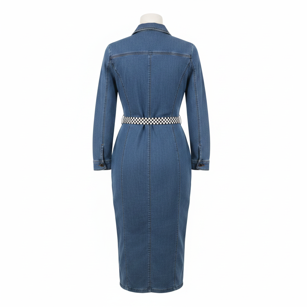 Blue Denim Midi Dress with Belt - Ghost Mannequin Back