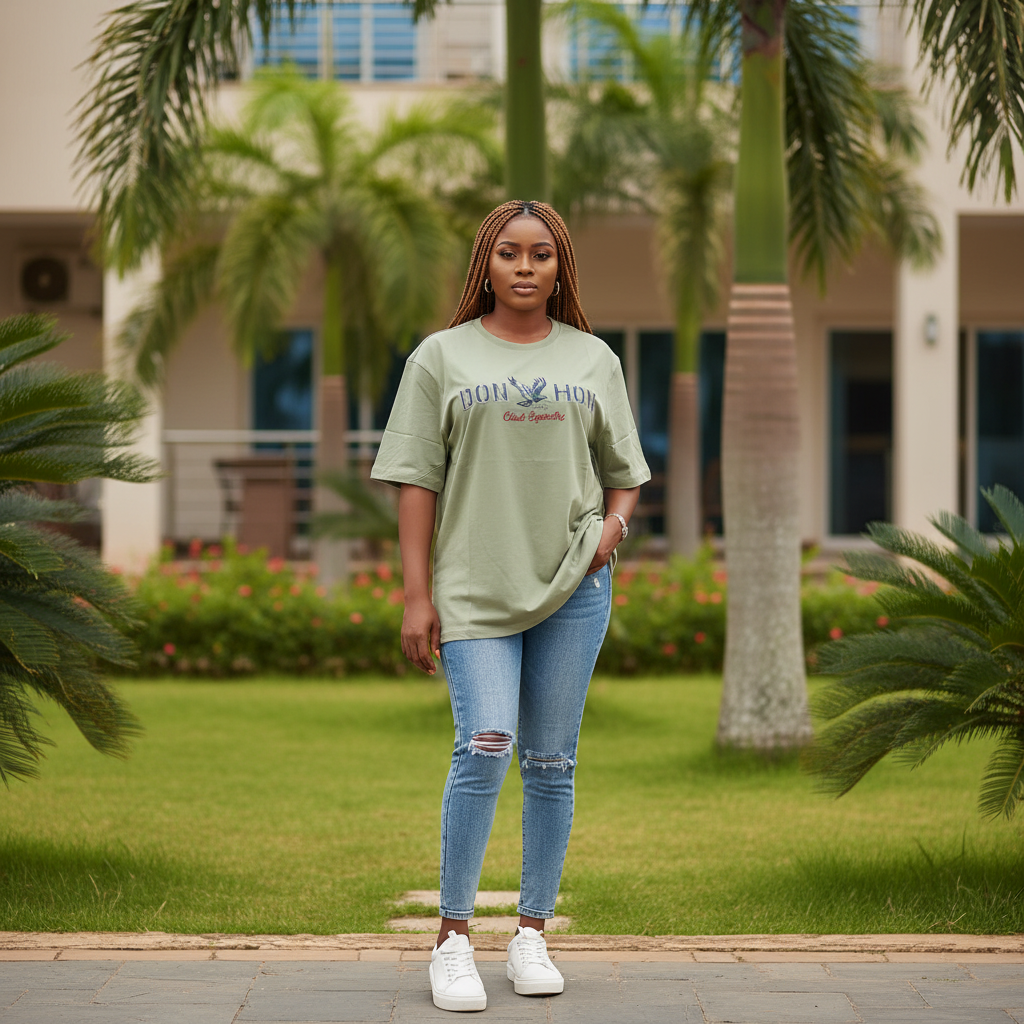 Women's sage green eagle embroidered oversized tee - female model shot