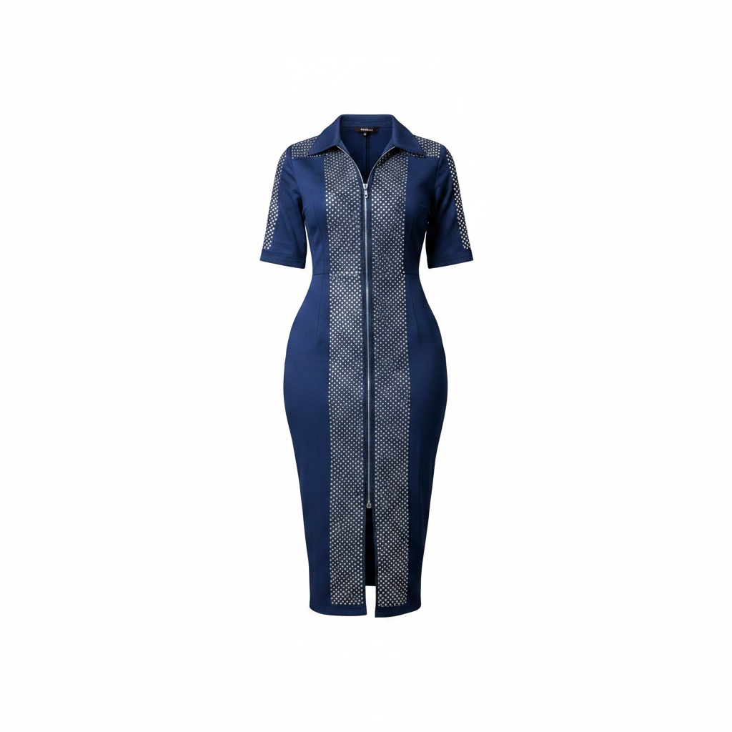 Navy blue rhinestone panel zip-front bodycon dress ghost mannequin