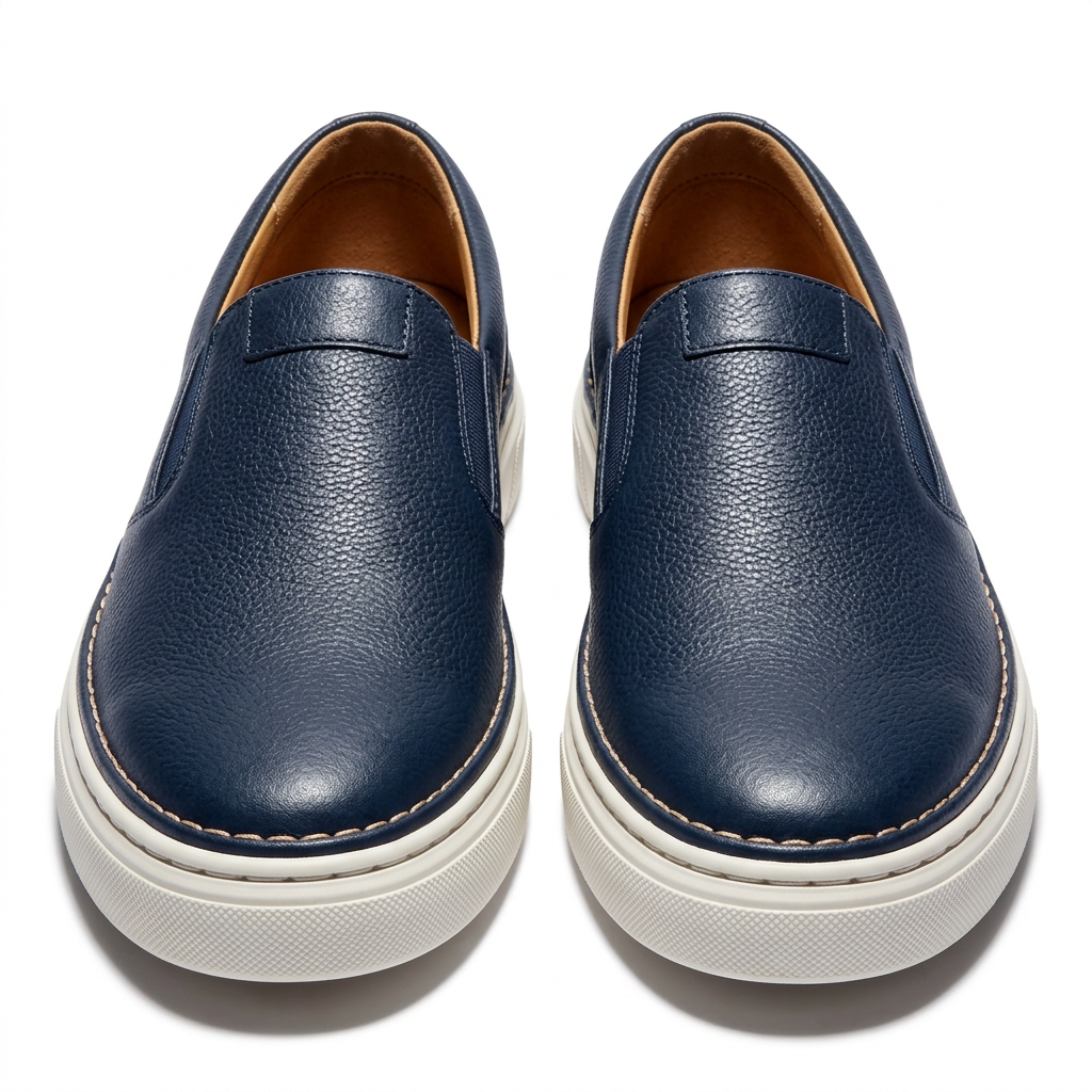 Navy pebbled slip-on shoe pair with contrast stitching and light soles