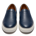 Navy pebbled slip-on shoe pair with contrast stitching and light soles
