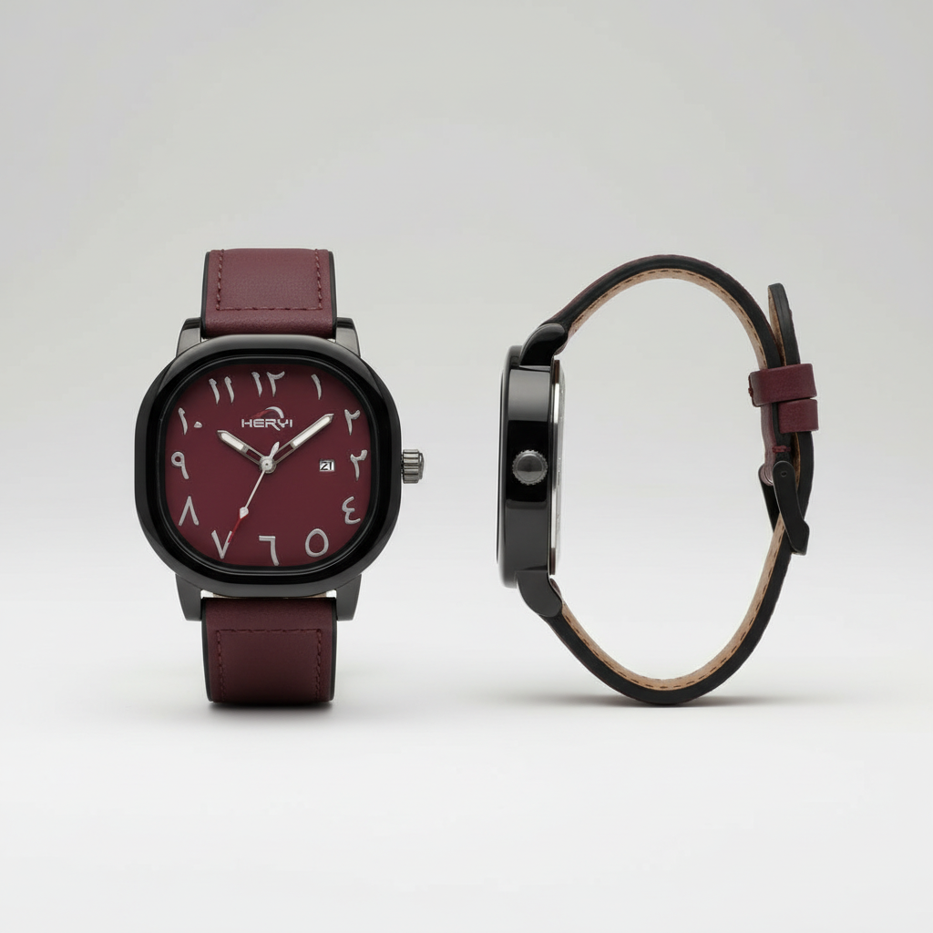Burgundy dial watch with black case and burgundy leather strap shown from the front and side