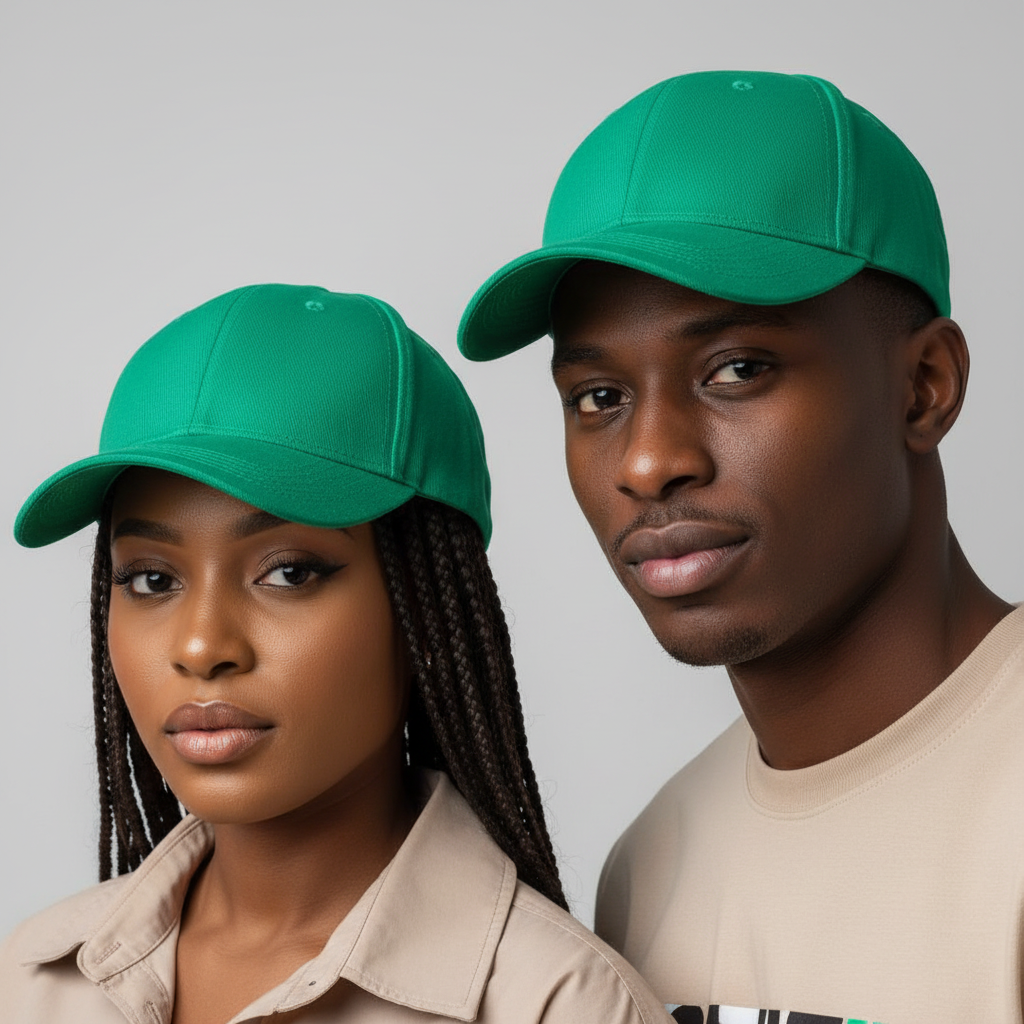 Nigerian male and female models wearing plain kelly green structured baseball cap
