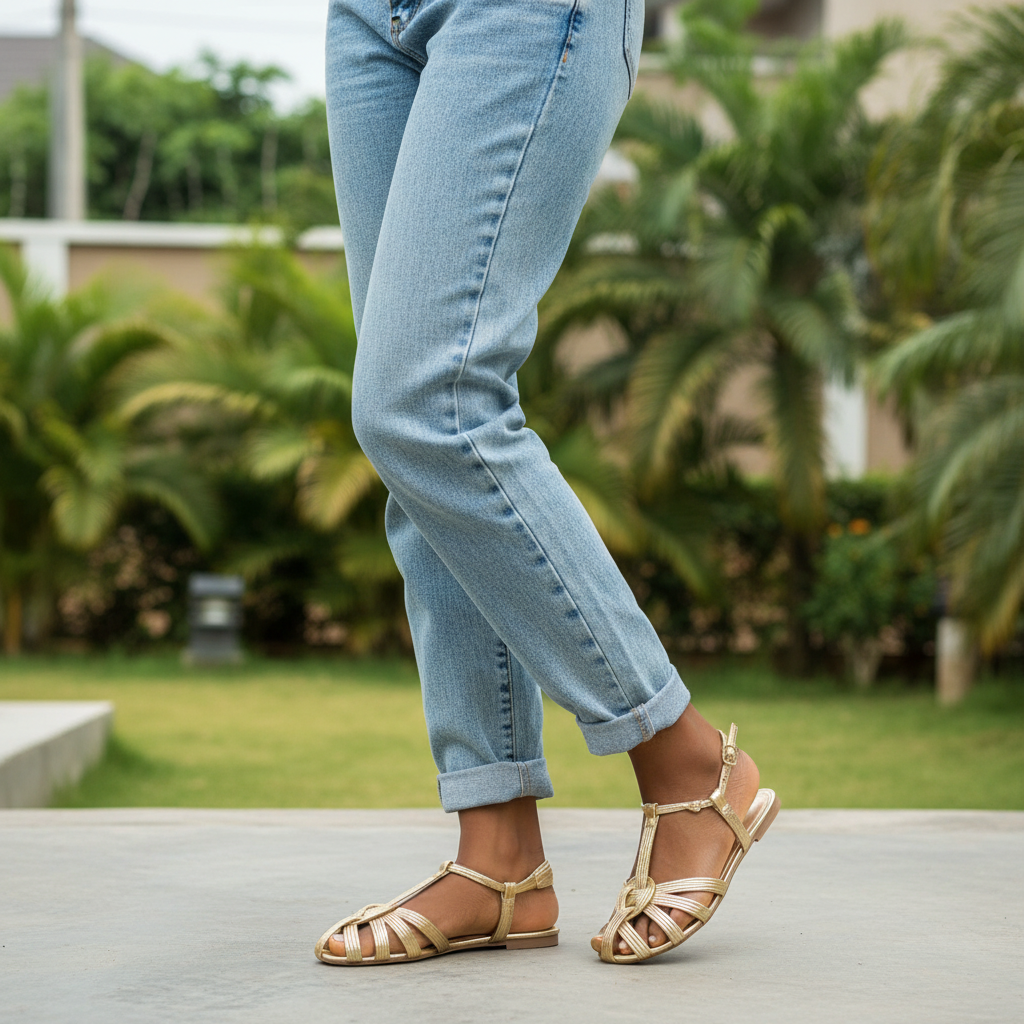 Nigerian female model Gen Z style wearing gold woven cage flat sandal — leg focus