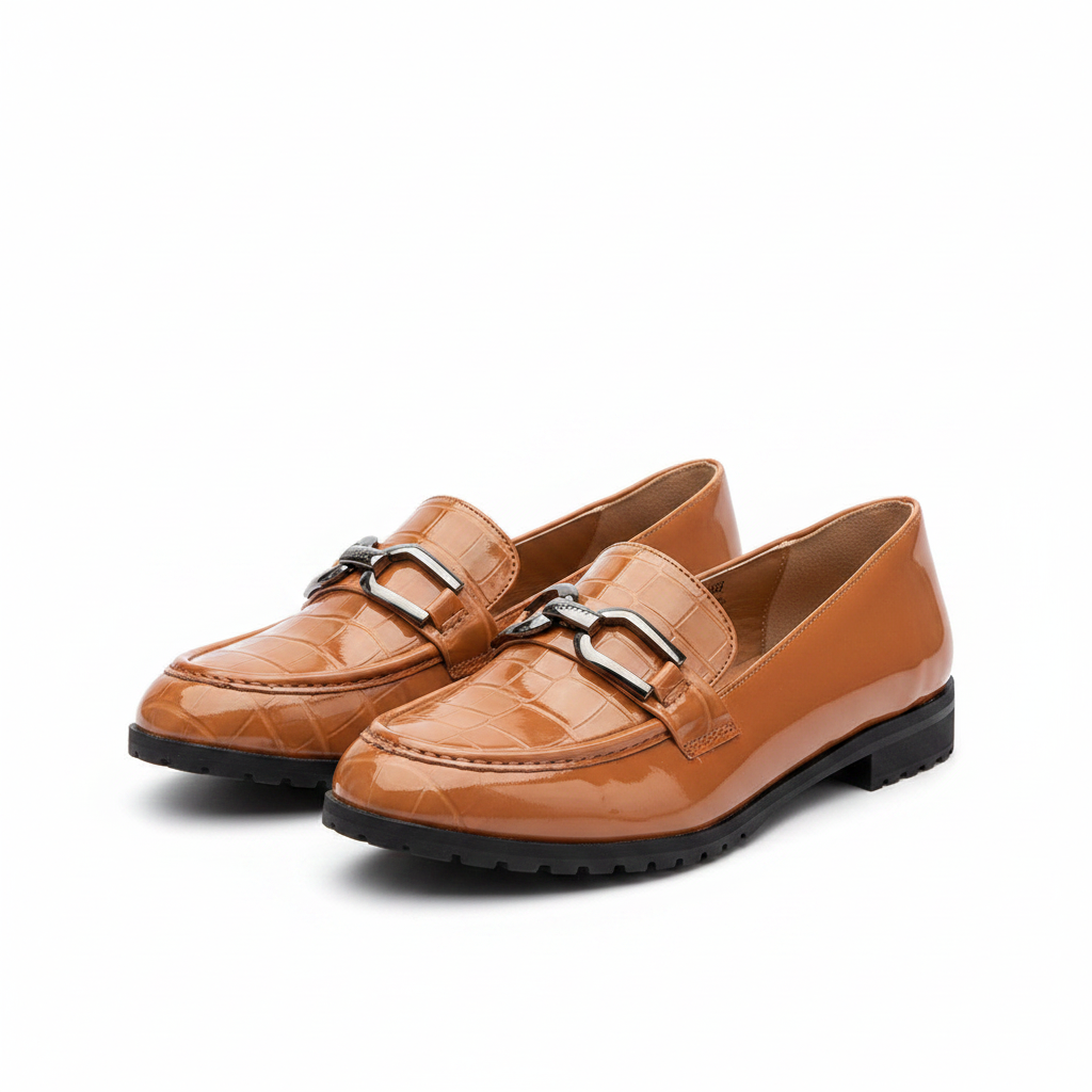 Layinka Store Tan Croc Patent Bar-Buckle Loafers – Catalog Shot