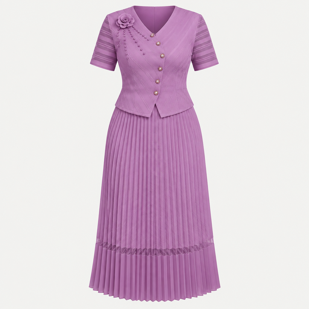 Lilac floral-detail pleated dress on invisible mannequin