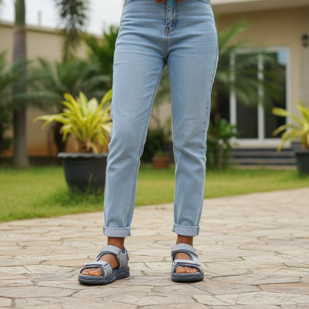 Nigerian female model wearing grey sport velcro strap outdoor sandals