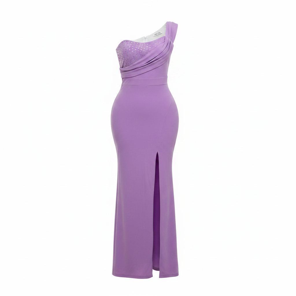 Lilac One-Shoulder Rhinestone Ruched Maxi Gown - Ghost Mannequin