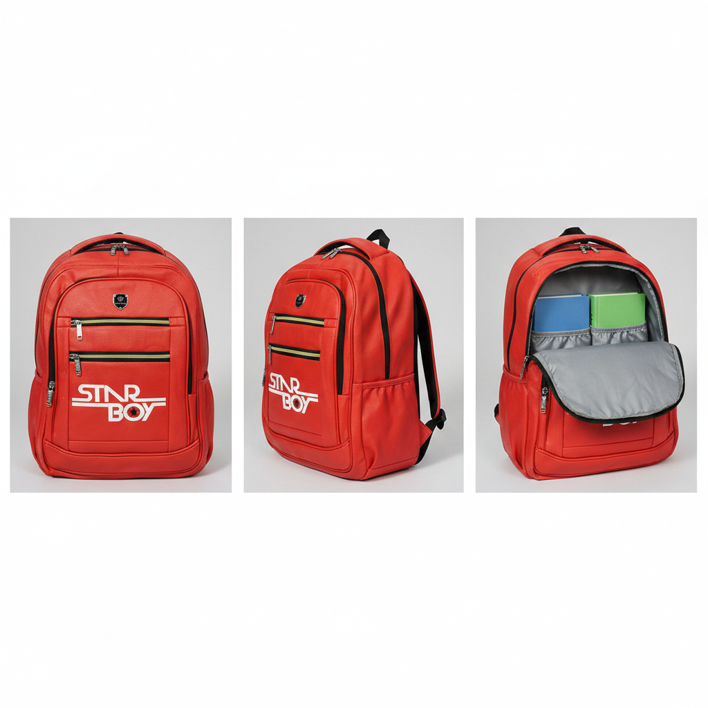 Front, side and open inner-compartment views of the orange school backpack with books
