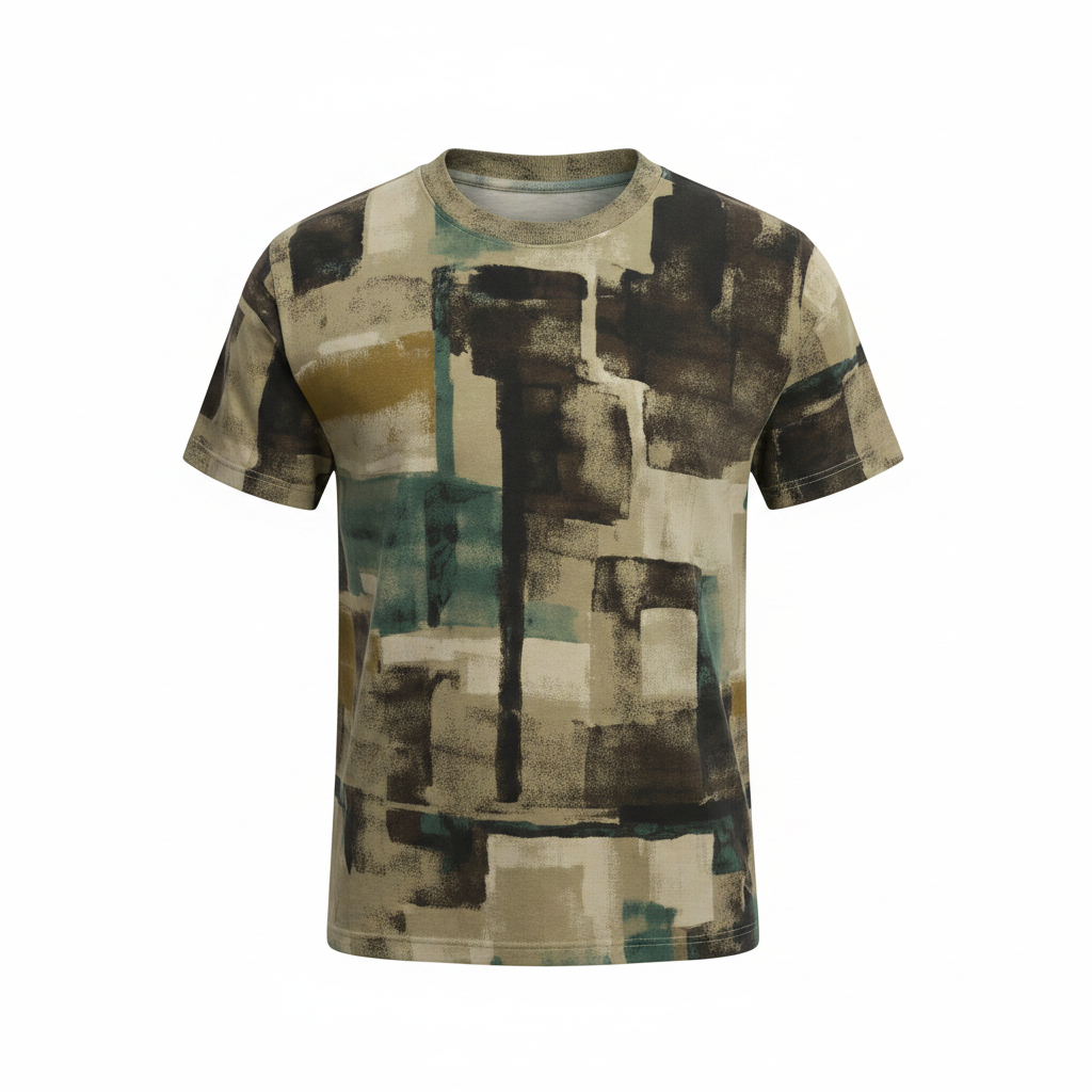 Men's olive camo brushstroke print shirt ghost mannequin front view