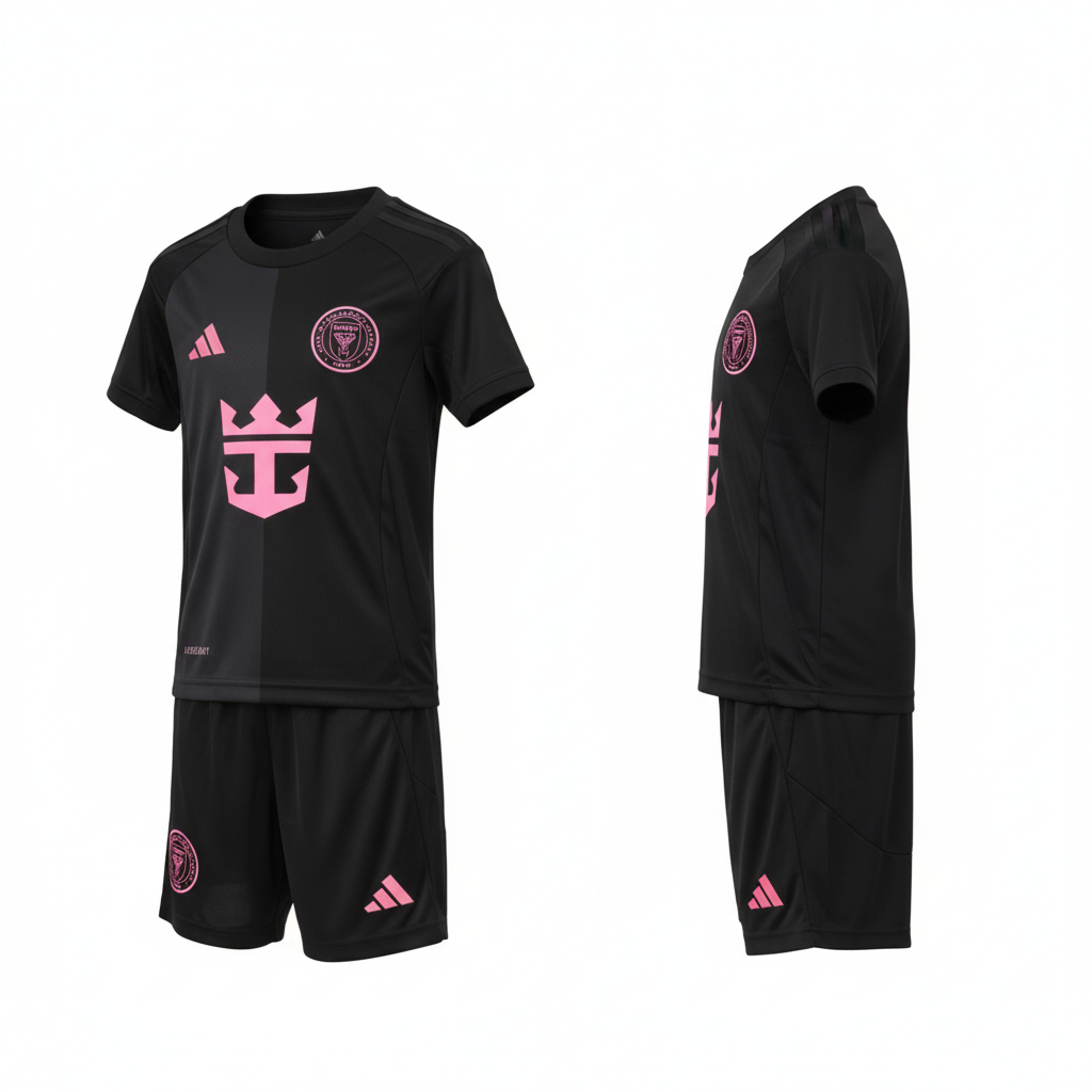 Kids all-black and pink crown football jersey and shorts set ghost mannequin front and side view