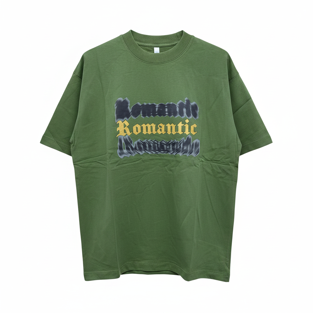 Army Green Romantic Graphic Oversized Tee - Ghost Mannequin Front