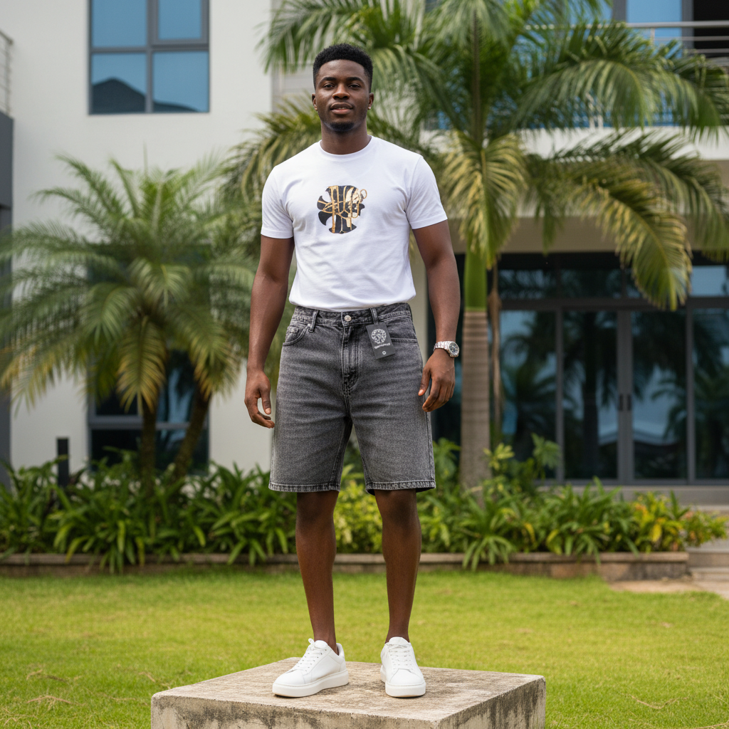 Nigerian male model wearing charcoal acid wash denim shorts — full body street style