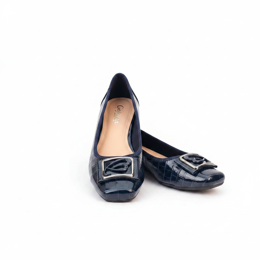 Navy croc-embossed patent leather square-toe ballet flat with square metal buckle — clean pair product shot