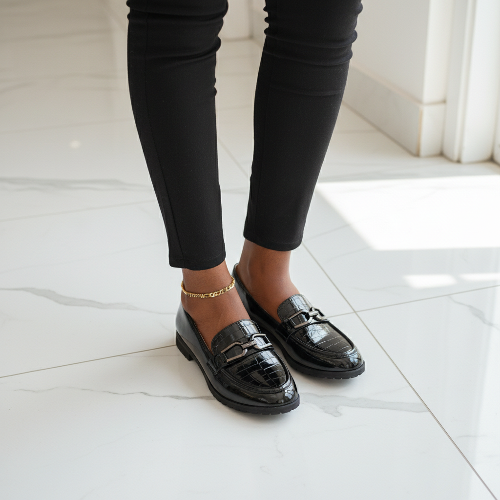 Layinka Store Croc Patent Bar-Buckle Loafers – Model Shot