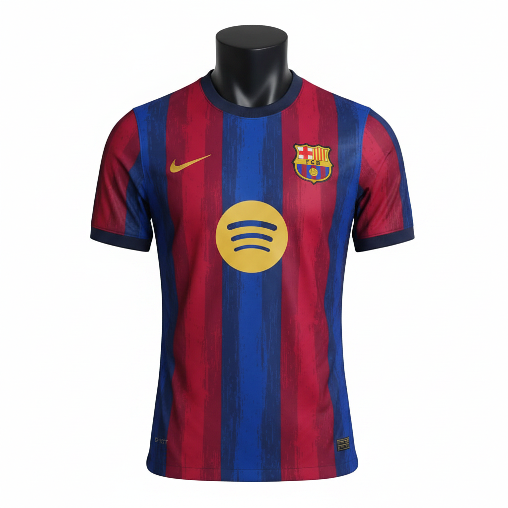 Red and blue vertical stripe football jersey ghost mannequin front view - gold crest badge, circular sponsor logo