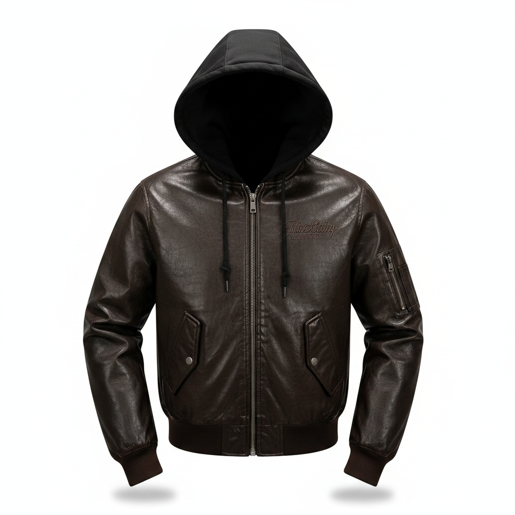 Men's Brown Faux Leather Hooded Bomber Jacket – Ghost Mannequin Front View