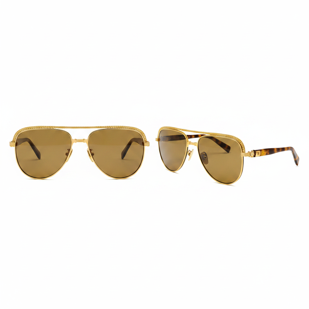 Unisex luxury aviator sunglasses with gold frame, ornate braided brow bar, tortoiseshell temples and amber lenses – front and side ghost mannequin view on white background