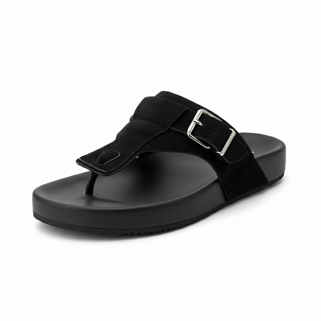 Black Suede Buckle Thong Palm Sandal - Ghost Mannequin