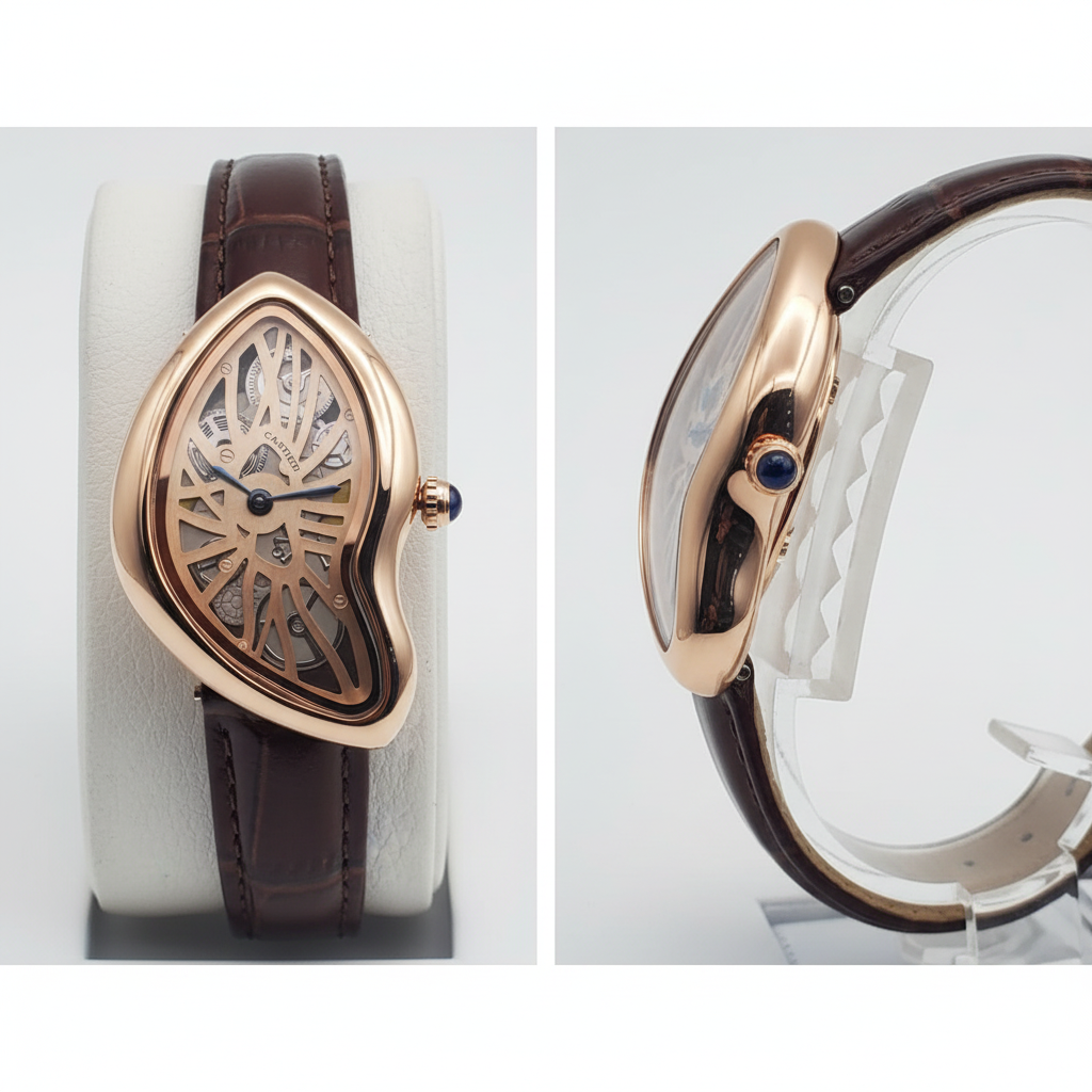 Asymmetric rose gold skeleton dial watch with brown strap front and side view
