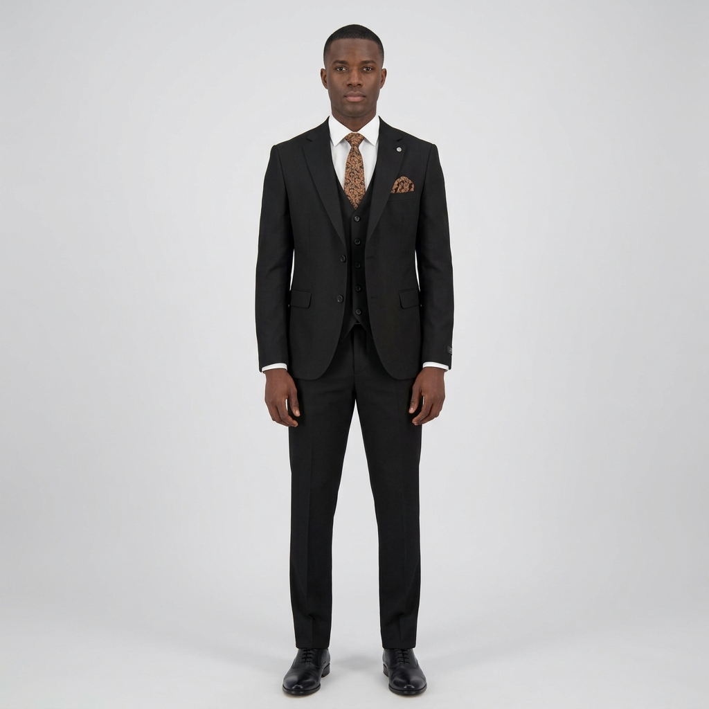Full-body Black adult model wearing a black three-piece suit