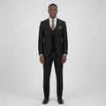 Full-body Black adult model wearing a black three-piece suit