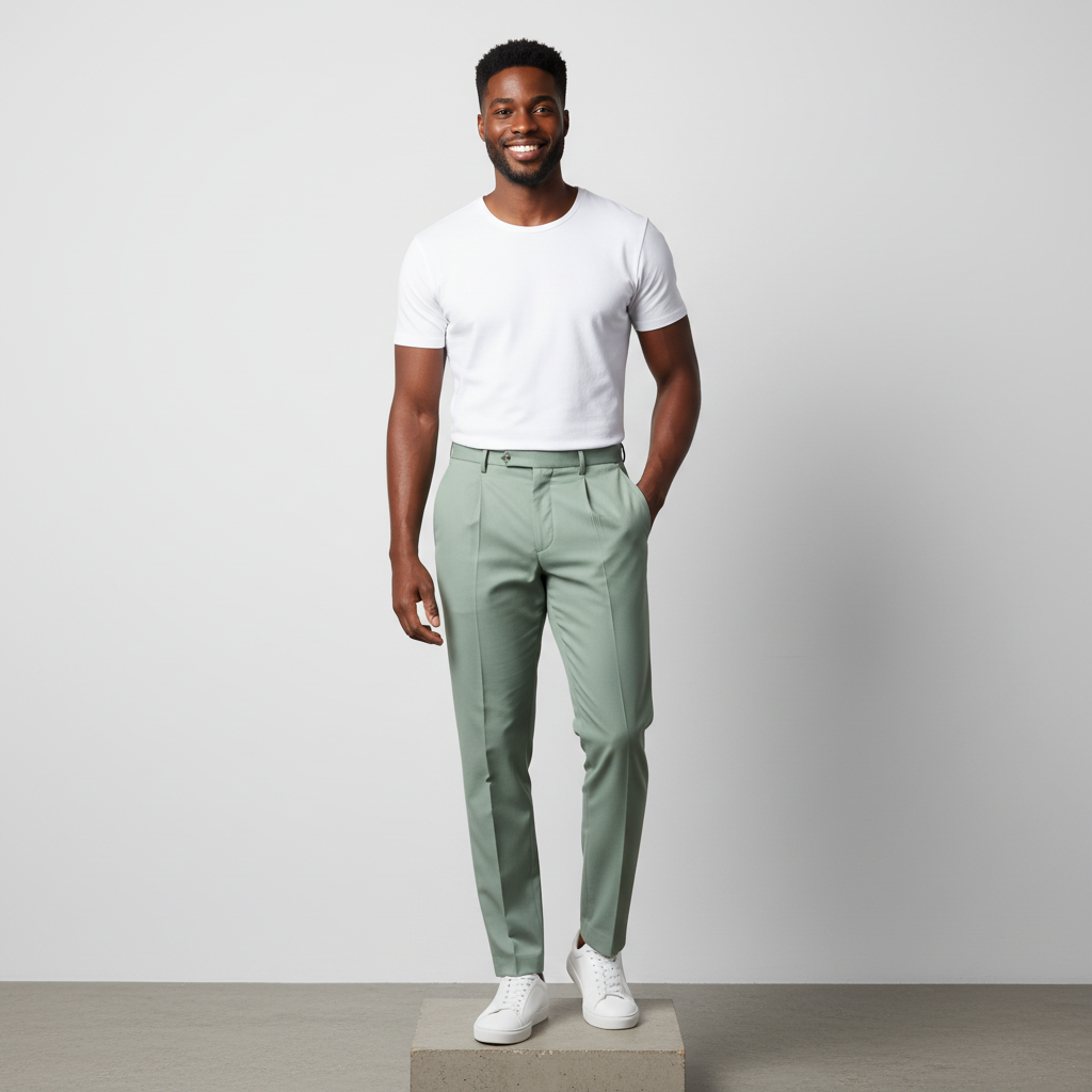 Sage Green Pleated Tapered Trousers - Model Front