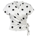 White black polka-dot side-tie wrap blouse on an invisible mannequin against white