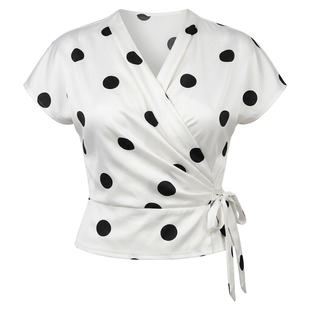 White black polka-dot side-tie wrap blouse on an invisible mannequin against white