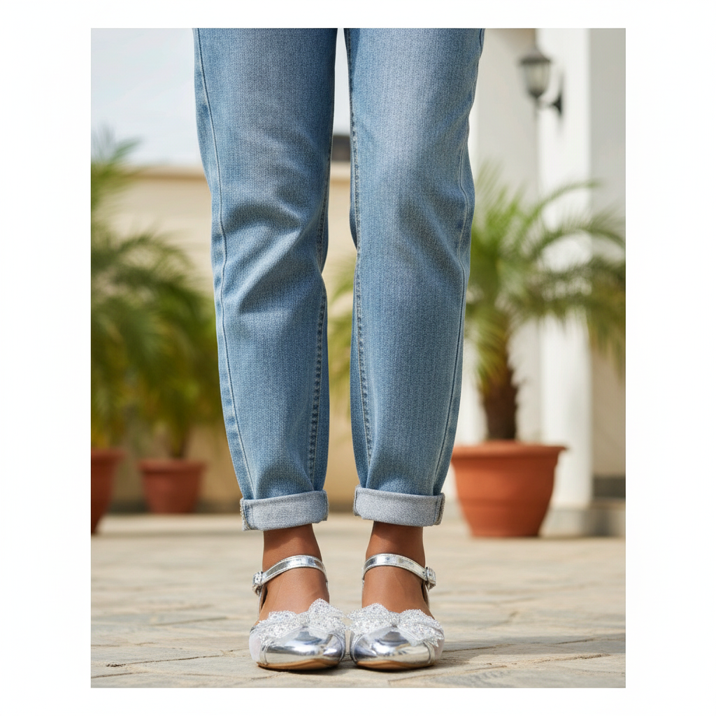 Nigerian female model wearing silver metallic closed-toe floral rhinestone flat sandals with ankle buckle strap
