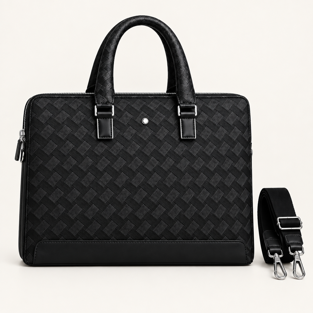 Black basketweave-pattern top-handle bag with detached shoulder strap
