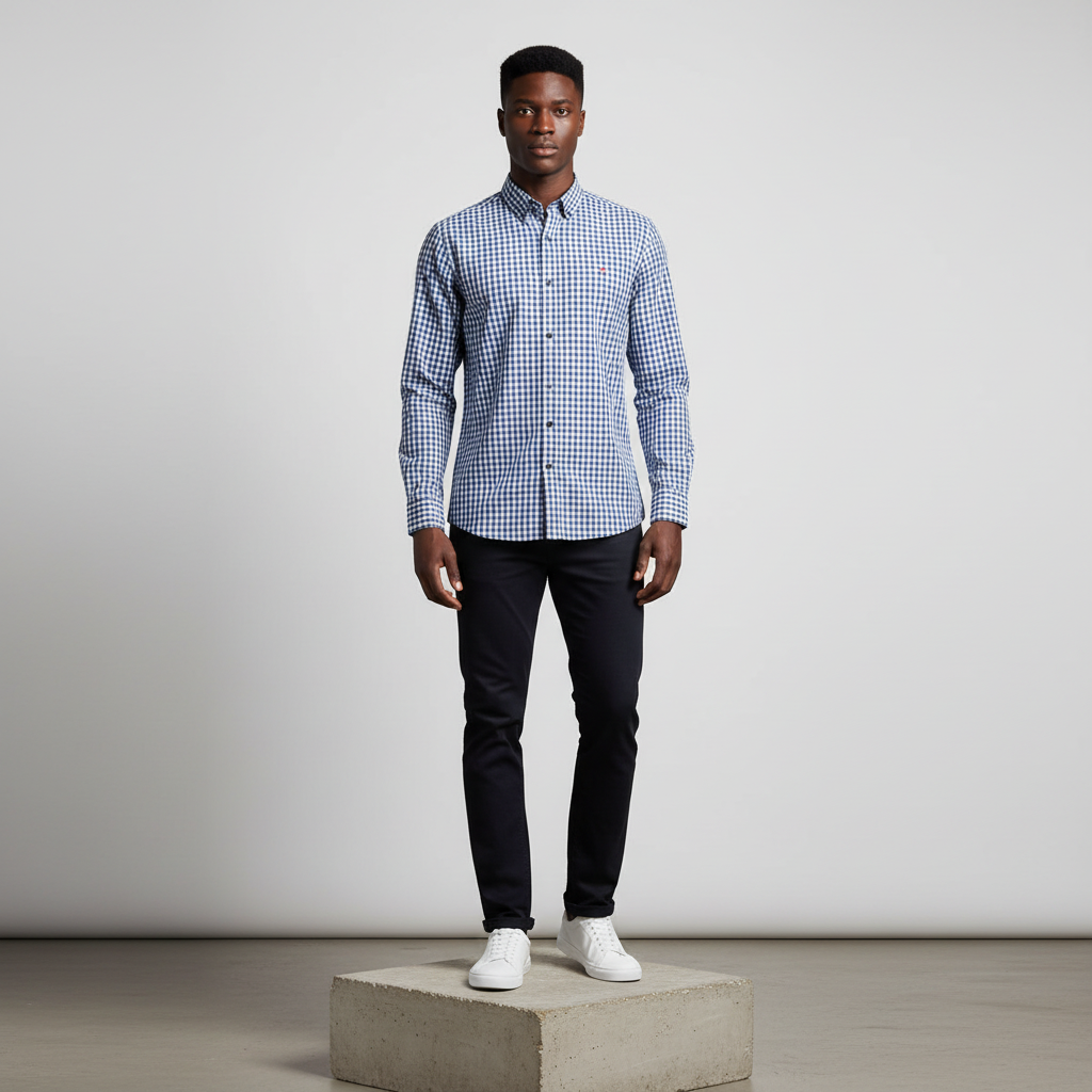 Navy White Gingham Long-Sleeved Shirt - Model Shot