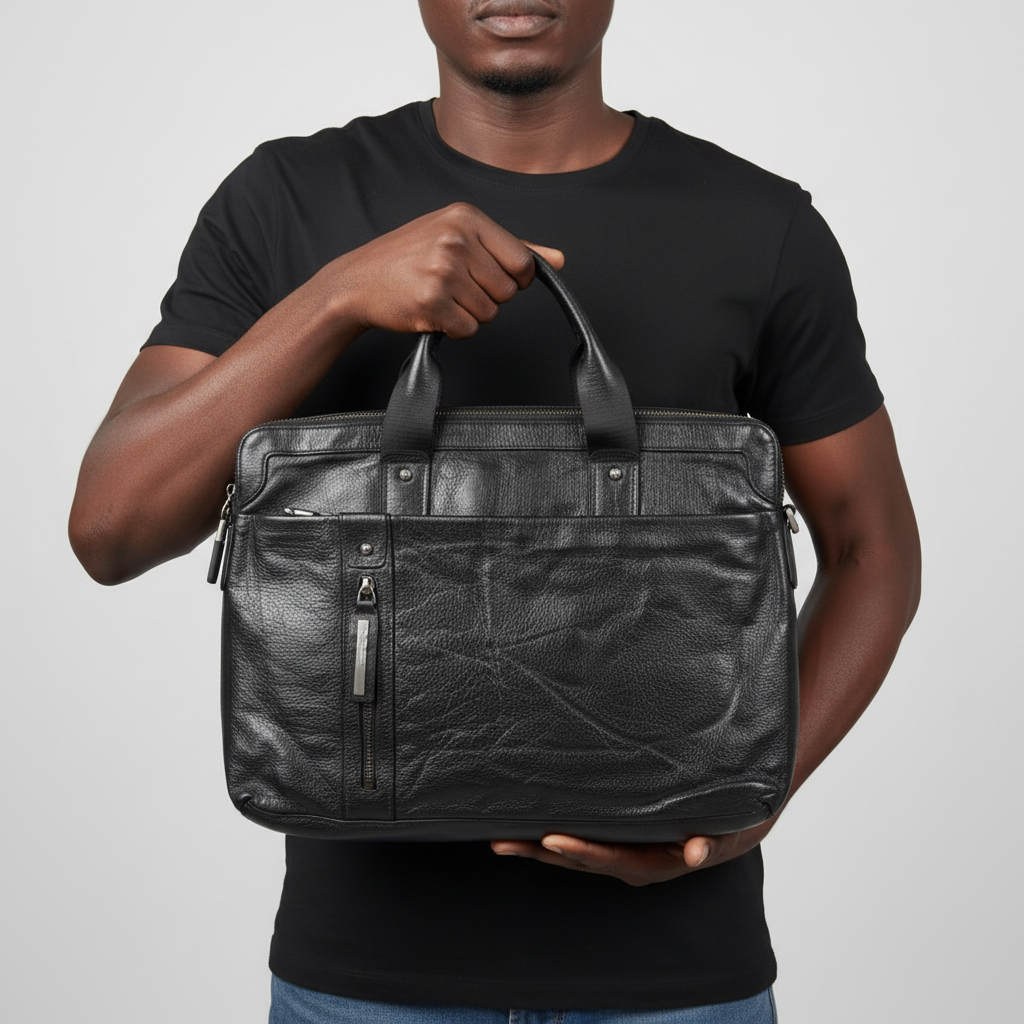 Black Nigerian model holding black leather laptop bag