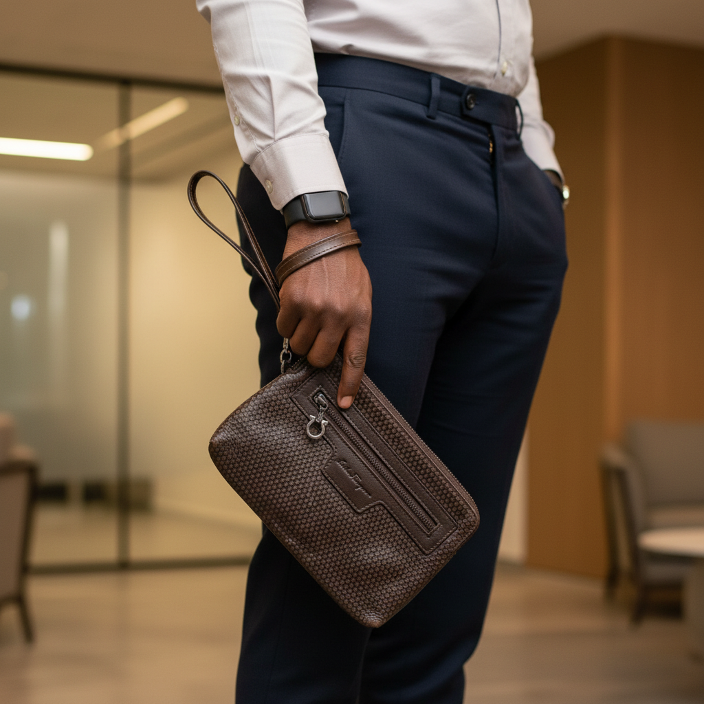 Ferragamo brown embossed leather men's clutch held by Black Nigerian professional man