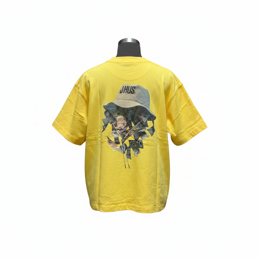 Unisex yellow bucket hat graphic boxy crop t-shirt – ghost mannequin back view