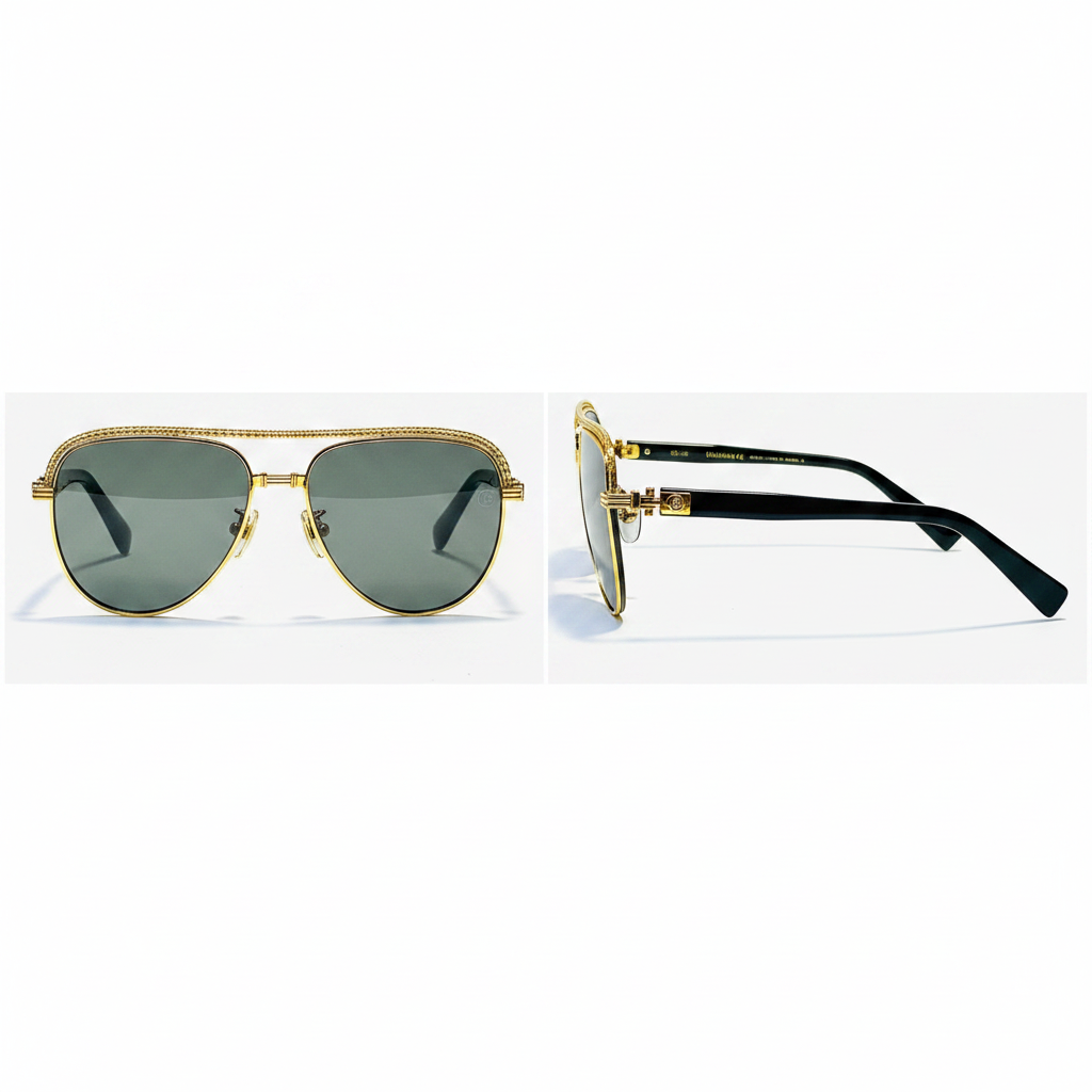 Ornate Brow Bar Aviator Sunglasses Gold Smoke – Ghost Mannequin Front and Side View