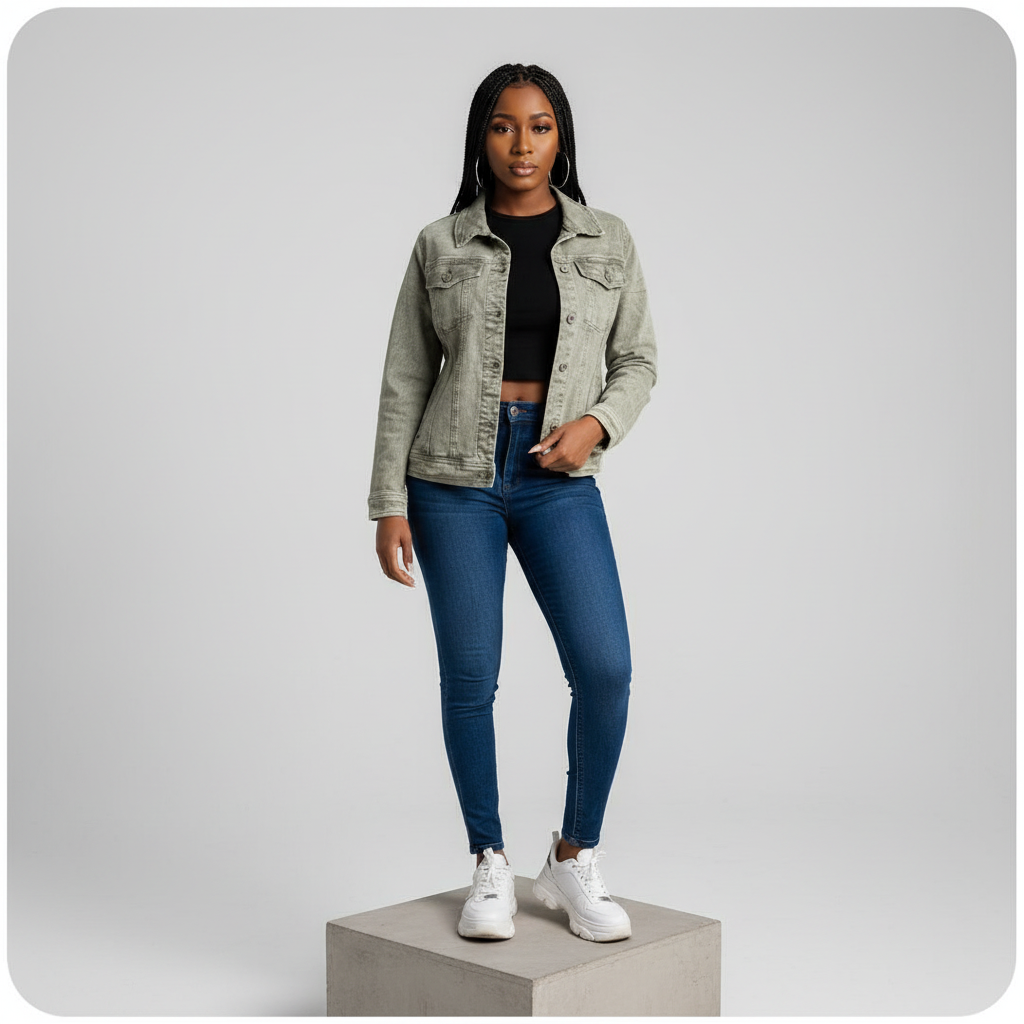 Olive Green Washed Denim Jacket – Front Model