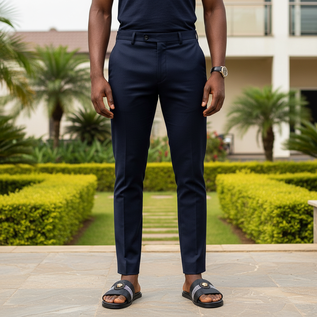 Nigerian male model wearing black woven Greek key stripe slide sandals with gold medallion in garden setting