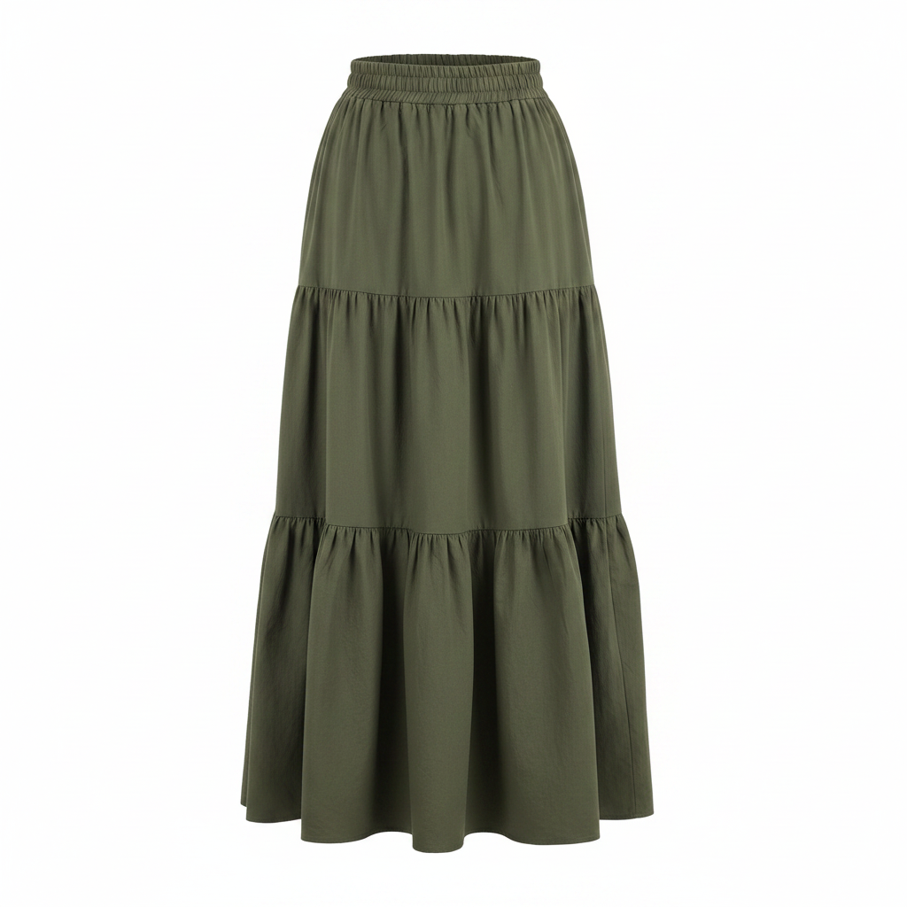 Ghost mannequin view of olive tiered A-line maxi skirt