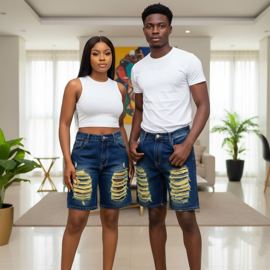 Unisex model shot – Emmanuel Store Dark Blue Distressed Denim Shorts