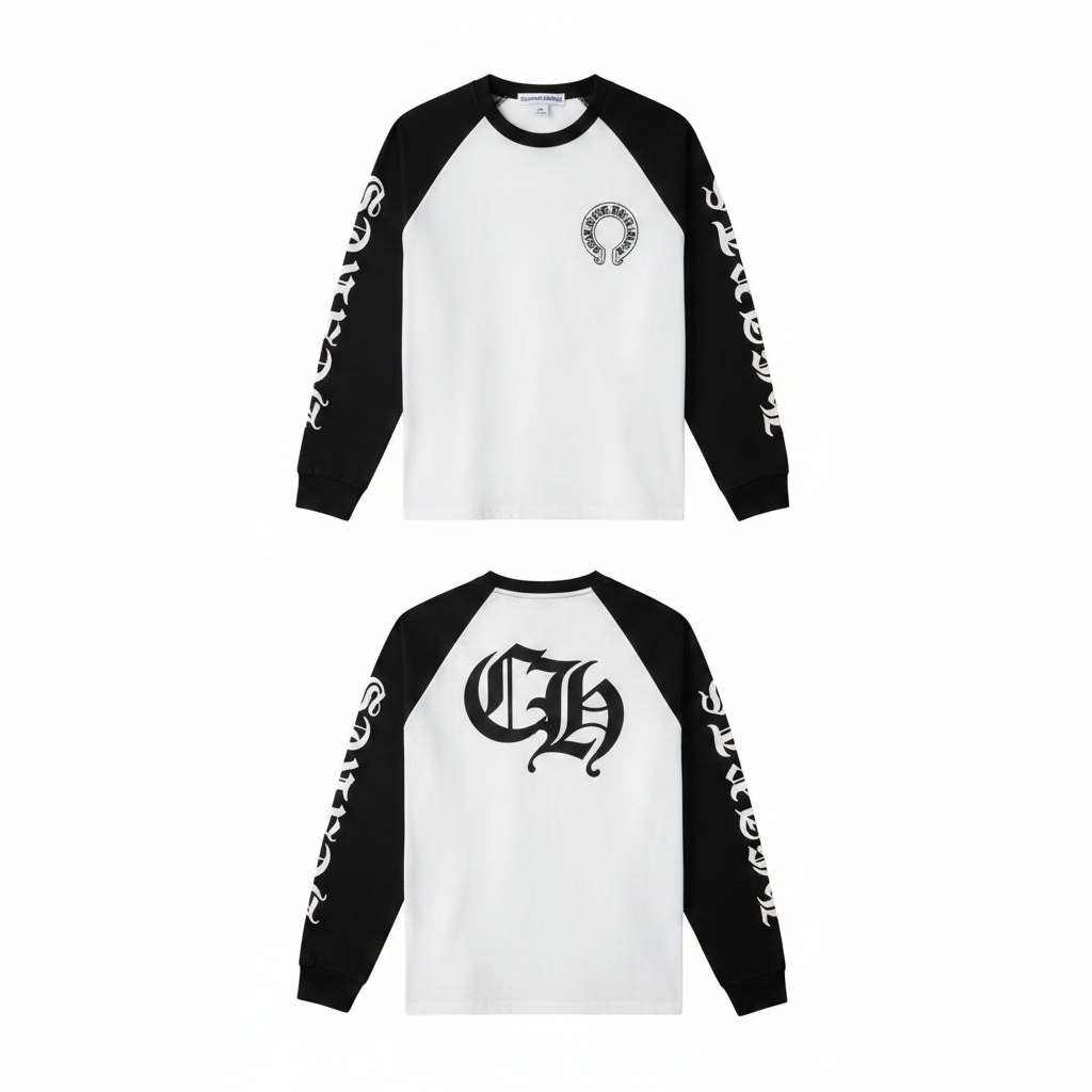 Men's white black raglan gothic print long sleeve shirt ghost mannequin front view