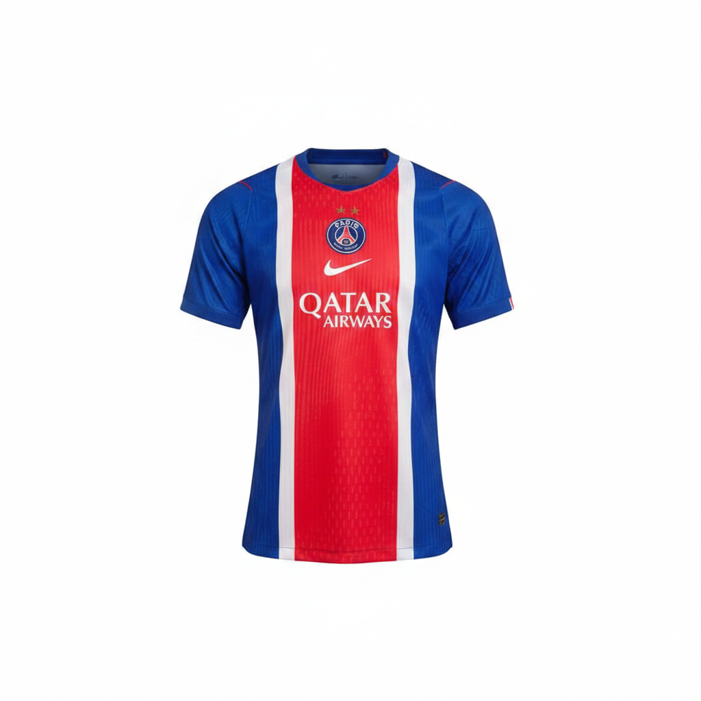 Blue and red vertical panel football jersey ghost mannequin front view - white stripe trim, crest badge, white chest print