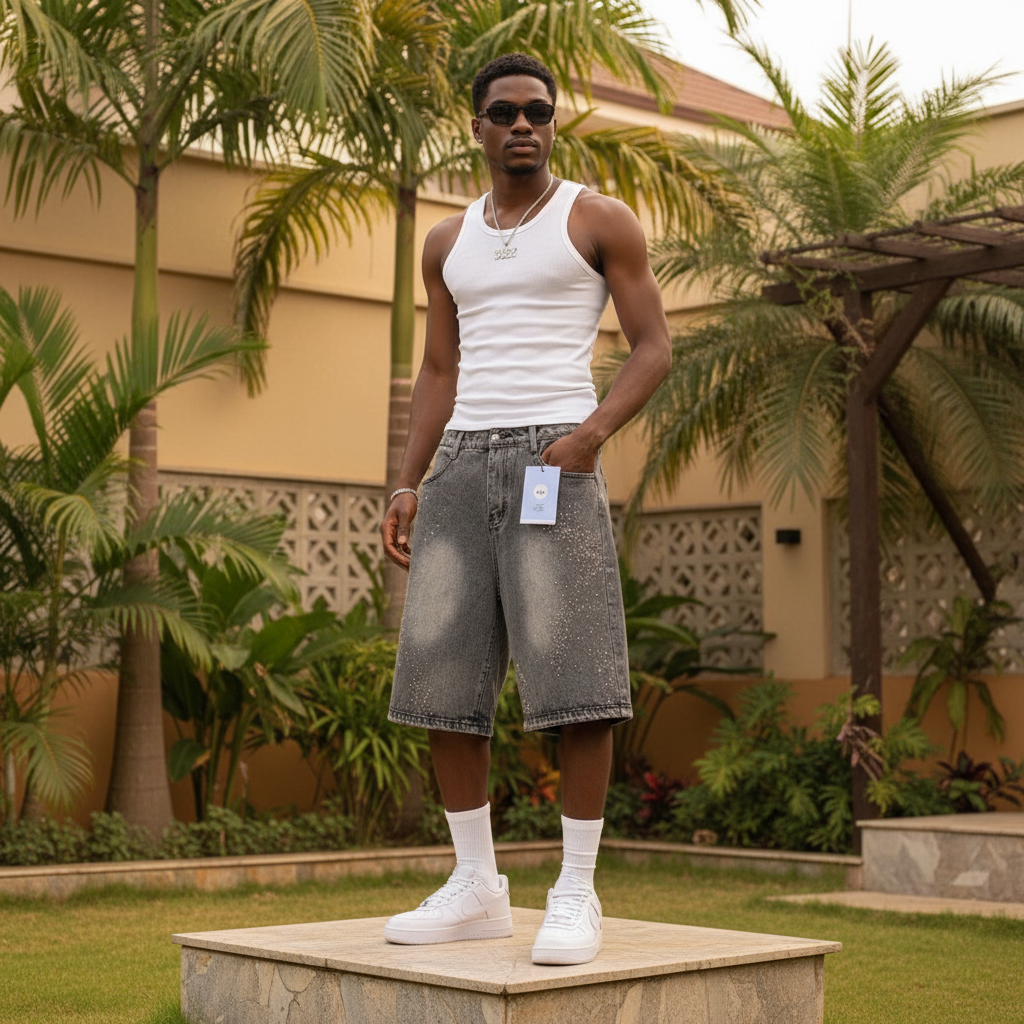Nigerian male model wearing men's grey washed rhinestone denim shorts streetwear style