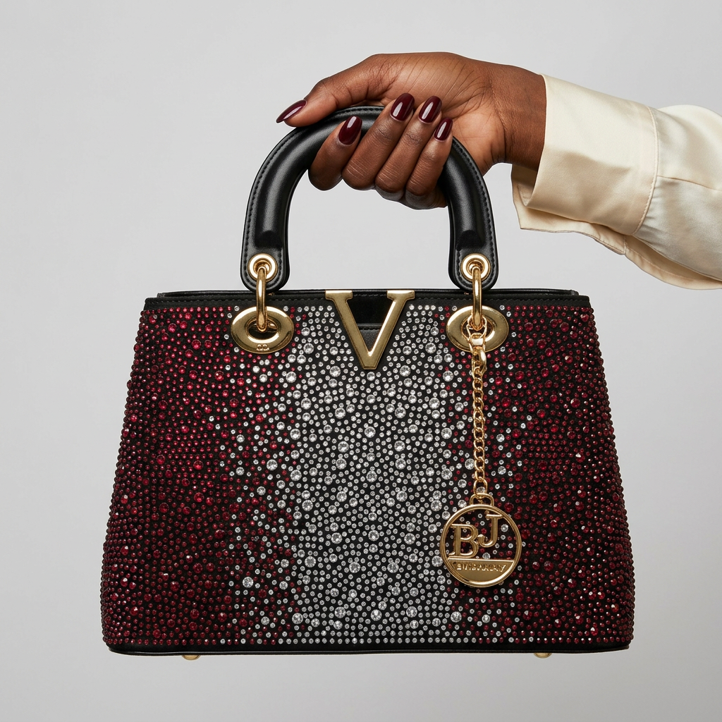 Manicured Black woman's hand holding burgundy and silver embellished handbag