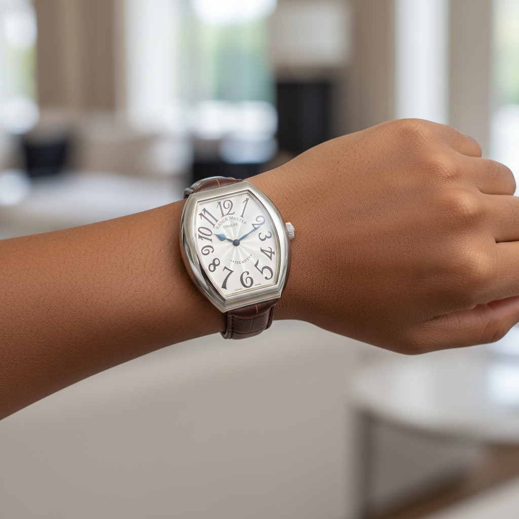 Women's silver oversized plain bezel white dial tonneau watch worn on Nigerian model wrist — brown strap lifestyle wrist shot